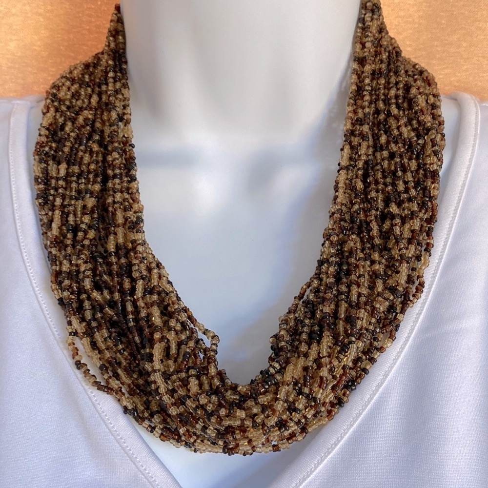 Vintage boho seed bead layered necklace with unique crocheted clasp